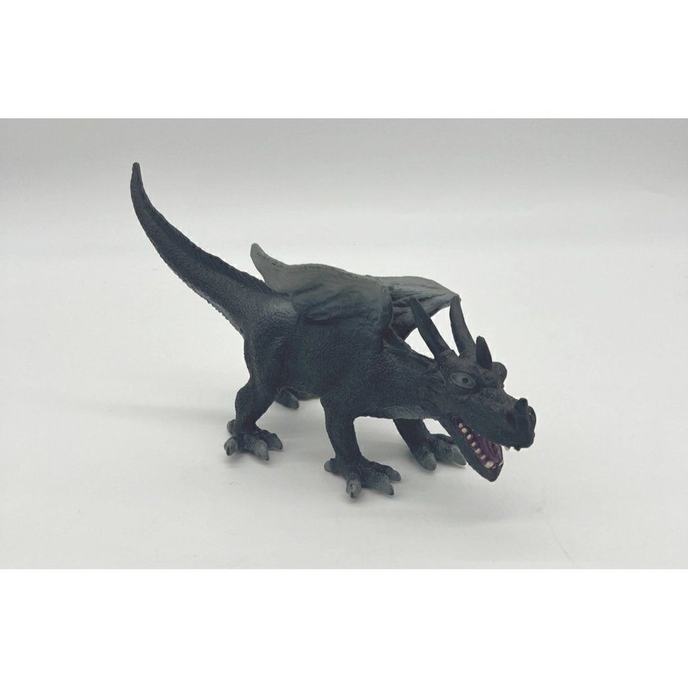 Winged Dragon Figure Horned 11" Hard Plastic Black Grey Mythical Creature